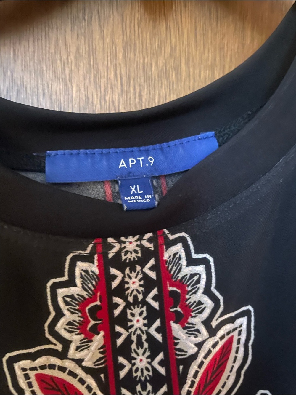 Apt. 9 Black Tunic Top with Red and White Embroidery
